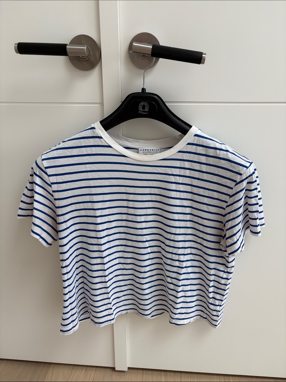Aritzia Community White Tee with Blue Stripes